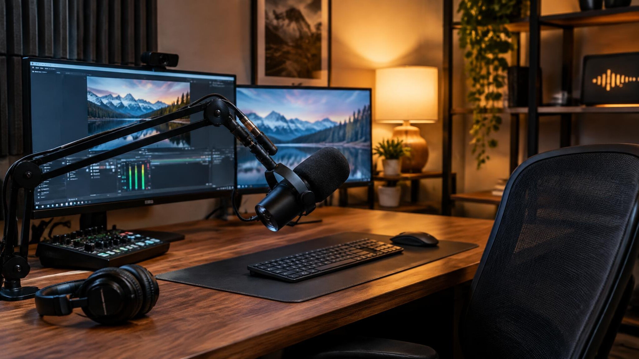 Broadcast studio with microphone and monitors