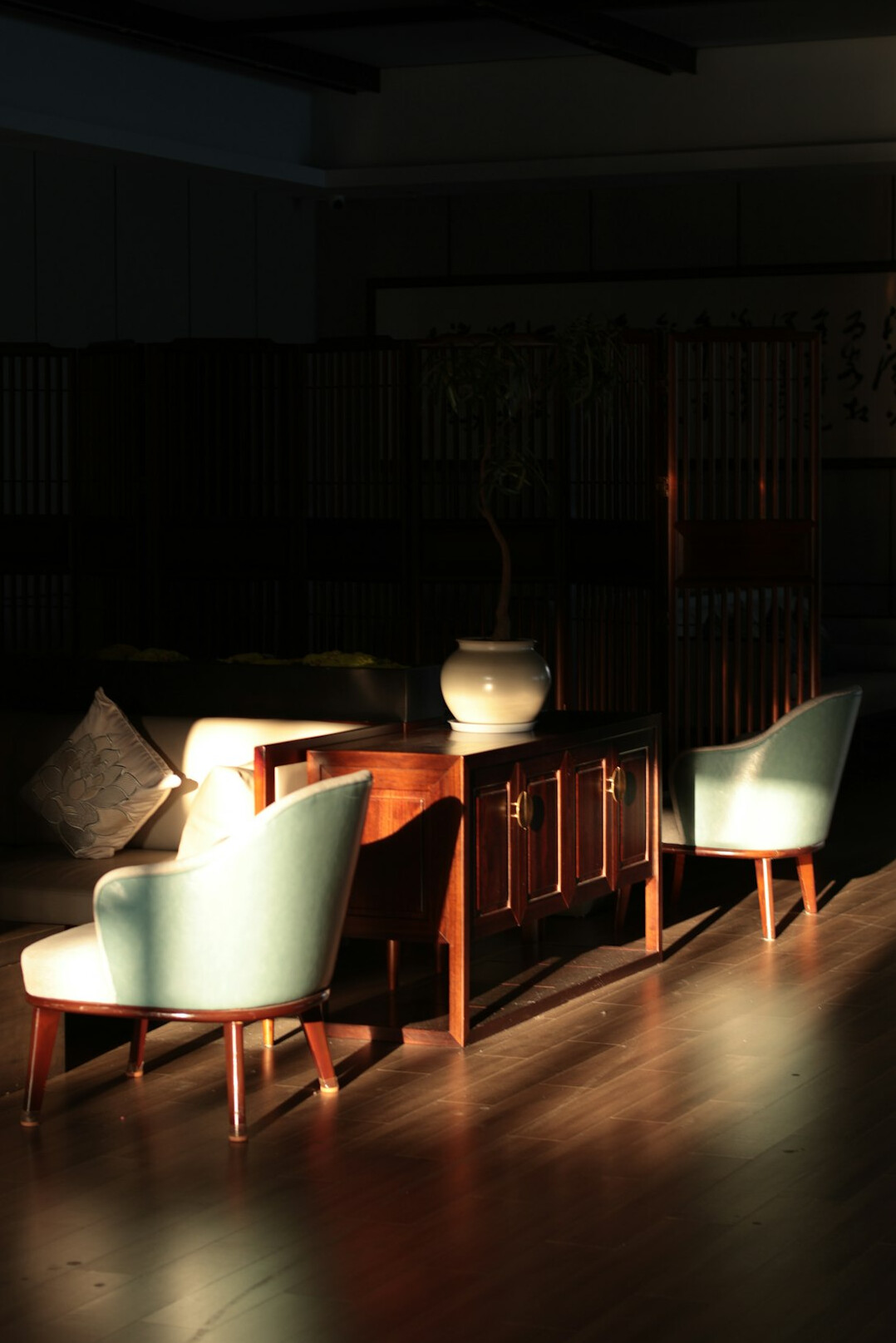 Interview set with two chairs and soft lighting