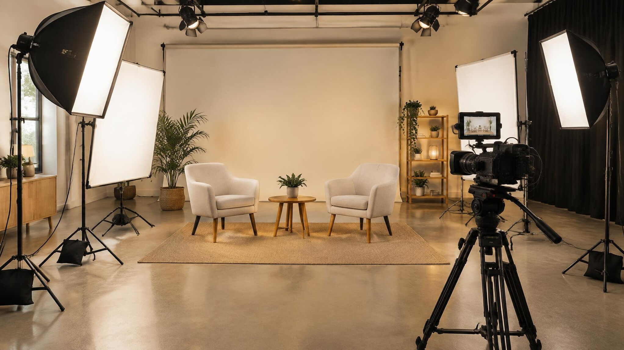 Television studio with soft key light and diffusers on stands