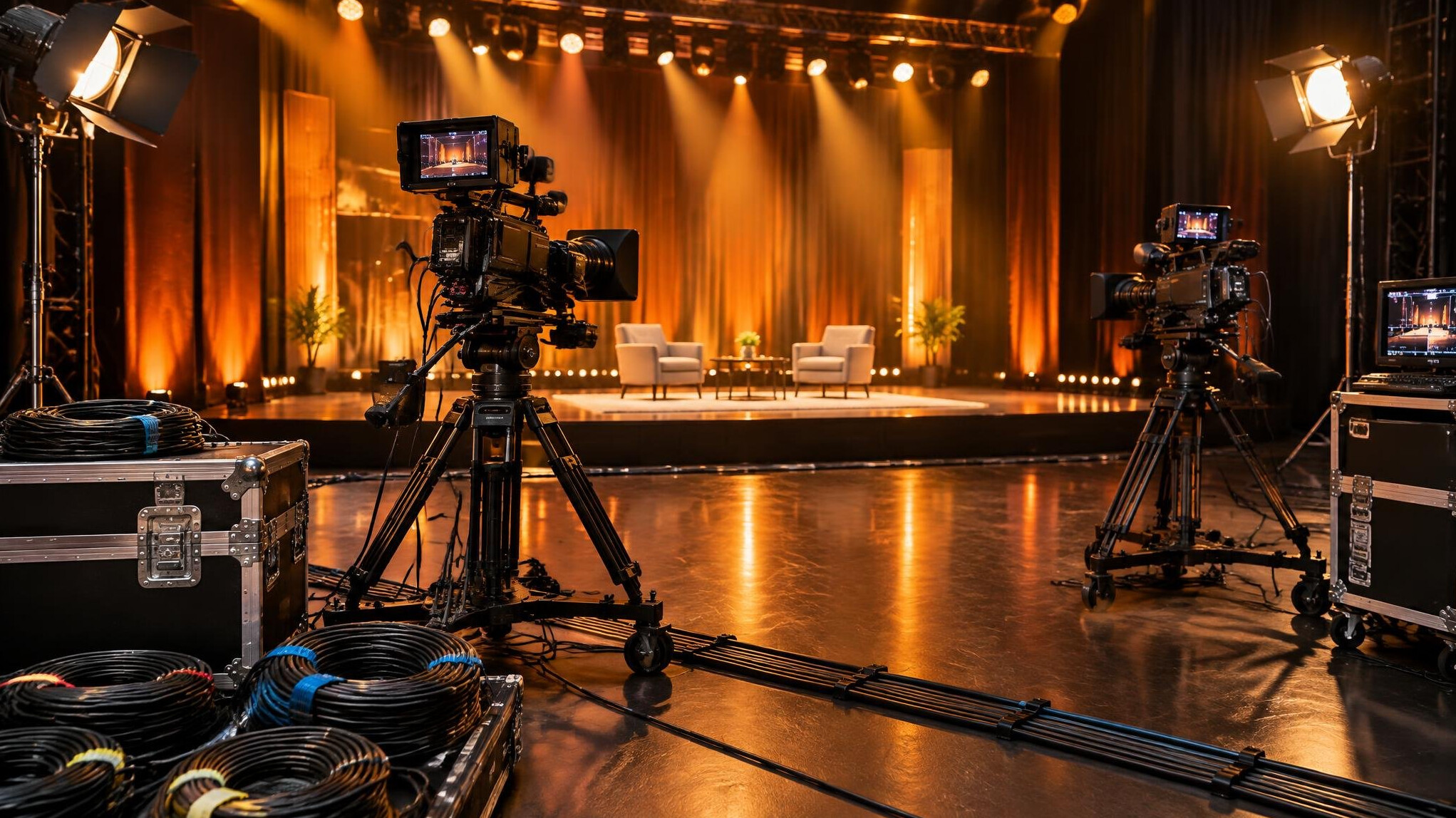 Camera crew equipment prepared before a live event